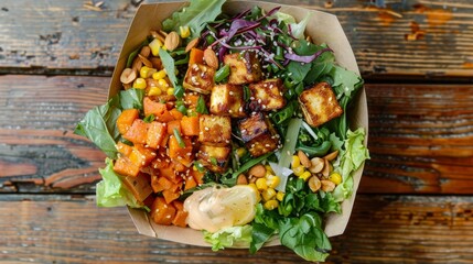 Fast food with mixed herbs, baked tofu with sesame seeds, baked sweet potatoes, corn salad, toasted almonds, with creamy sesame sauce. - obrazy, fototapety, plakaty