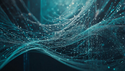 Cyan abstract backdrop with an ethereal arrangement of dots and weaving lines, invoking a sense of fluid connectivity. - obrazy, fototapety, plakaty