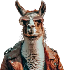 Fotobehang Stylish llama wearing sunglasses and leather jacket cut out png on transparent background © Andrii