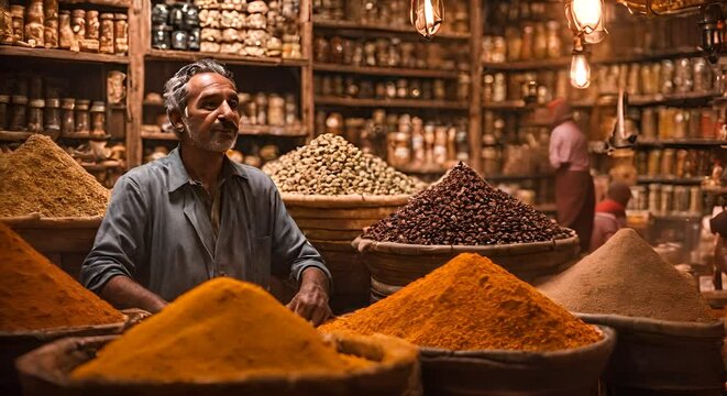 Seller in a spice shop in an Arab bazaar.