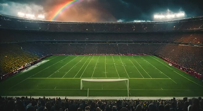 Soccer stadium with a rainbow.