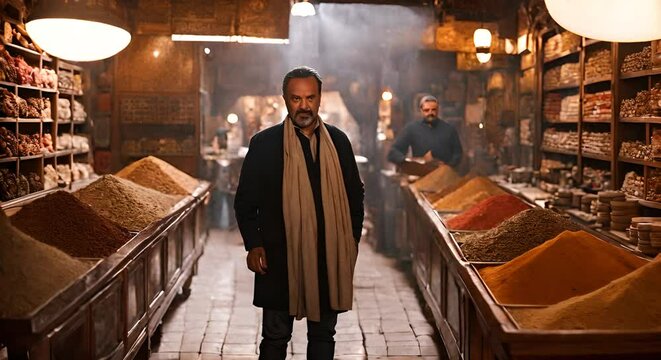 Seller in a spice shop in an Arab bazaar.