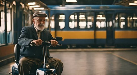 Senior man on an electric scooter for the disabled in the train station.