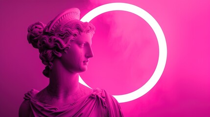 Antique sculpture of a woman against the background of pink neon backlight. Modern art,...