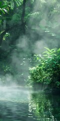 Thermal spring near volcano, close up, steaming water, lush green contrast  - obrazy, fototapety, plakaty