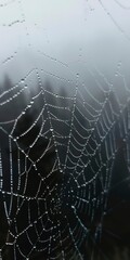Fototapeta premium Dew drops on spider web, close up, misty mountain backdrop, dawn light 