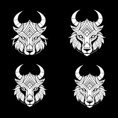 Set Of Wild Cat, Tiger and Animals Head Portrait's White Sketches Isolated On Black Background