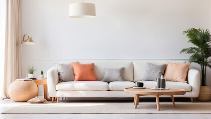 A living room with a couch, coffee table, end tables, lamp, rug, plant, and decorations.

 - obrazy, fototapety, plakaty