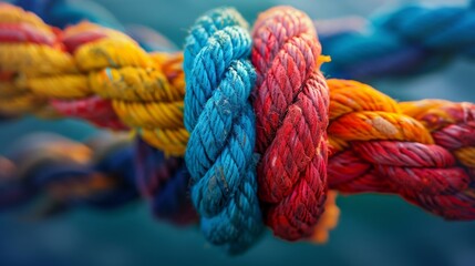 Vibrant colored ropes tightly knotted together. - obrazy, fototapety, plakaty