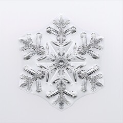 Close-up view of a symmetrical crystal snowflake against a white background.