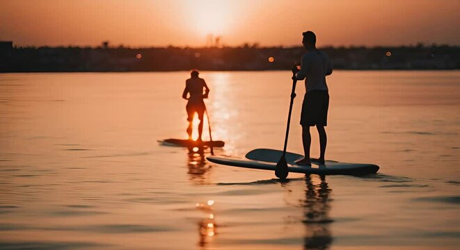 Men doing paddle surfing on the beach at sunset.
