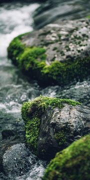 Rocks covered in moss by river, close up, water flowing, peaceful 