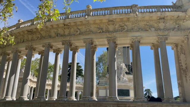Madrid, Parque del Retiro, Alfonso XII monument, Spain, High quality 4k footage