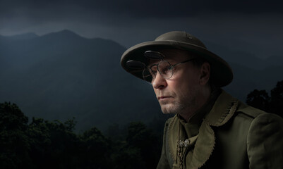 Traveler in British colonial Pith safari helmet hat and glasses on a background of dark mountain landscape.