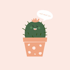 Cute blooming round cactus with a laughing face in a flower pot. Spiny desert plants at home. Cartoon vector illustration for the design of cards, books, posters, textiles for children.