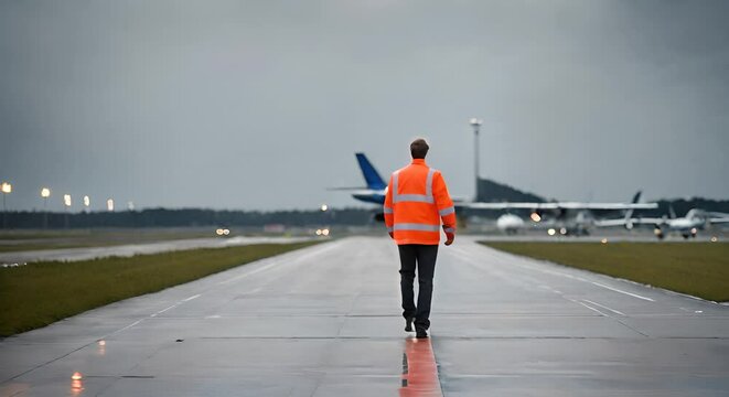 Airport worker with vest at the airport.