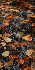 Rushing stream, close up, surrounded by fallen leaves, crisp air