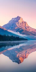 Dawn light on mountain, close up, perfect reflection in still lake 
