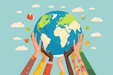 Diverse hands holding globe, concept of global unity, peace, and sustainability