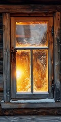 Wooden cabin door, close up, frosted window, warm light inside 