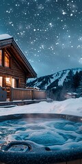 Steaming hot tub near cabin, close up, snow around, stars above
