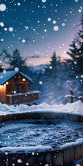Steaming hot tub near cabin, close up, snow around, stars above 