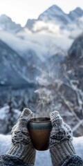 Hot cocoa in mittened hands, close up, steam, snowy mountain backdrop