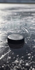 Hockey puck on rink, close up, stick approaching, intense match  - obrazy, fototapety, plakaty