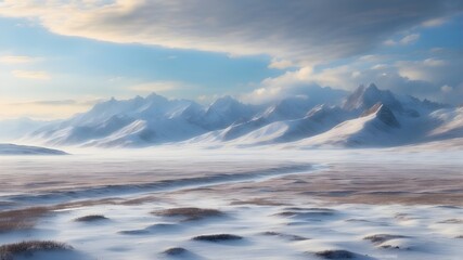 A vast frozen tundra stretching out to the distant mountains 