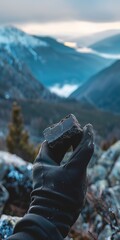 Energy bar break, close up, gloved hand, mountain vista backdrop