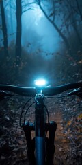 Night ride, close up, headlamp beam on trail, darkness surrounds
