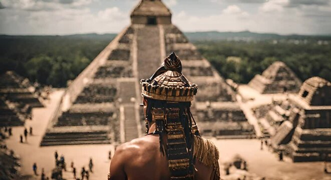 Aztec emperor next to the Pyramid of the Aztec empire.