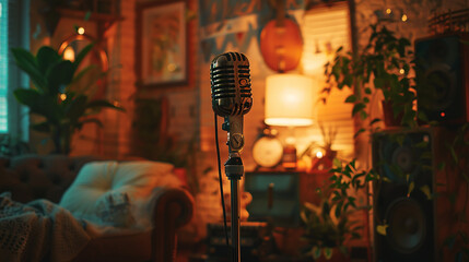 A vintage-inspired microphone surrounded by retro decor in a cozy podcasting nook.