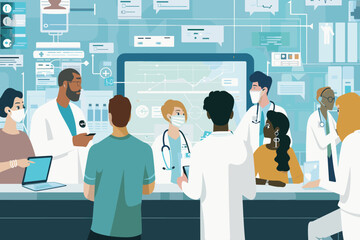 Diverse team of healthcare professionals collaborating using digital technology in modern hospital