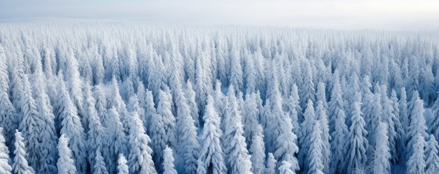 Panoramic view of a winter wonderland, with an icy and snowy forest landscape stretching out beneath the clear sky.
