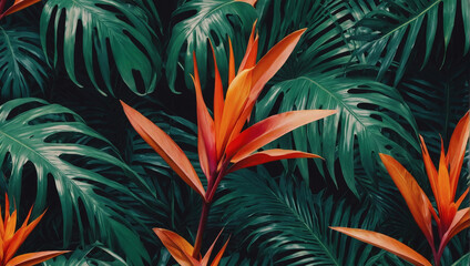 Fototapeta na wymiar Exotic and lively tropical background adorned with brilliantly painted palm leaves, setting the stage for a minimalist fashion summer theme. Ideal for flat lay arrangements.