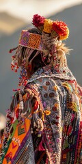 Ancient mountain ritual, close up, ceremonial attire, early morning -