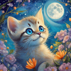 Fototapeta premium 꽃 사이에서 달을 보고 있는 푸른눈을 가진 새끼고양이
