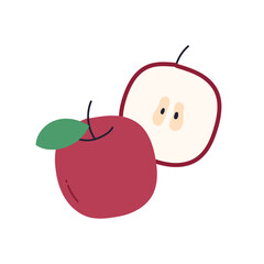 Fresh apple and leaves, natural organic snack, healthy vitamin food, whole ripe fruit with stem, natural ripe eating food, garden fruit flat vector illustration.	
