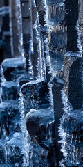 Frost on basalt columns, close up, first light, icy texture 
