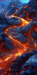 Lava flow cooling, close up, night, glowing orange, rugged surface 
