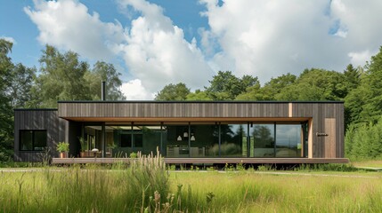 Fototapeta na wymiar maison d'architecte en bois, moderne et spacieuse, projet contemporain, perspective, ia générative