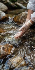 Stream water testing, close up, scientistâ€™s hands, pristine stream 