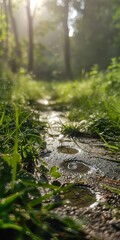 Fototapeta premium Footprint on eco-path, close up, leading line, morning dew 
