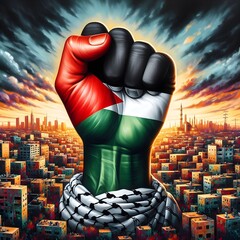 Resistance hand with Palestine flag illustration, symbolizing resistance adorned with the Palestinian flag. capturing the spirit of resilience and strength in the face of adversity
