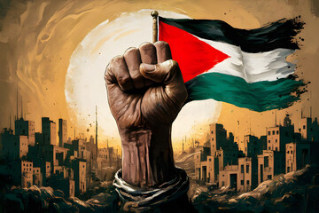 Resistance hand with Palestine flag illustration, symbolizing resistance adorned with the Palestinian flag. capturing the spirit of resilience and strength in the face of adversity