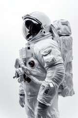 Close-up of an astronaut in a white space suit with helmet visor reflecting light, isolated on a white background.
