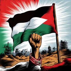 Resistance hand with Palestine flag illustration, symbolizing resistance adorned with the Palestinian flag. capturing the spirit of resilience and strength in the face of adversity