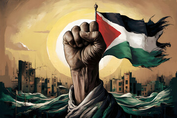 Resistance hand with Palestine flag illustration, symbolizing resistance adorned with the Palestinian flag. capturing the spirit of resilience and strength in the face of adversity