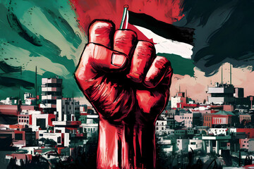 Resistance hand with Palestine flag illustration, symbolizing resistance adorned with the Palestinian flag. capturing the spirit of resilience and strength in the face of adversity